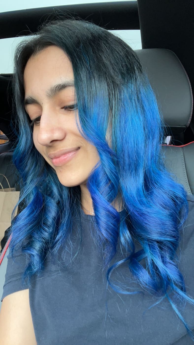 Blue curly hair colour result