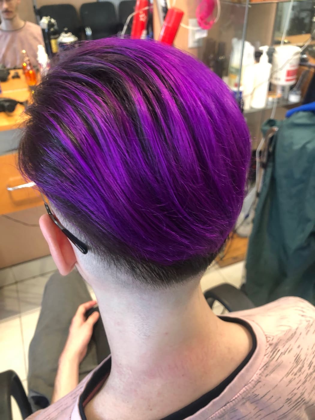 Vivid purple pixie cut colour, back view