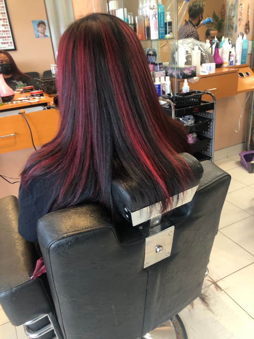 Red and black highlighted long hair
