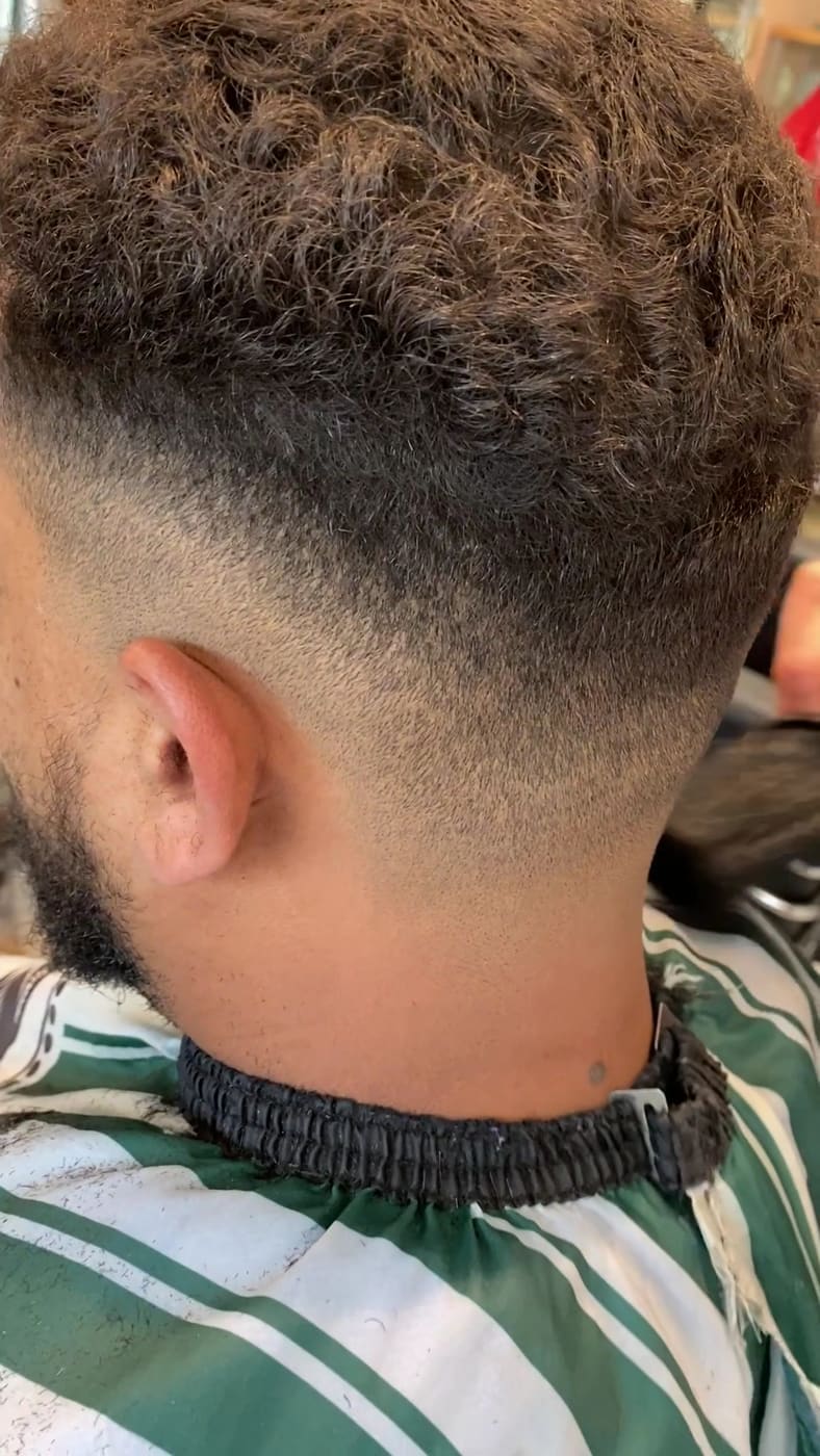 Curly-textured fade haircut, back view